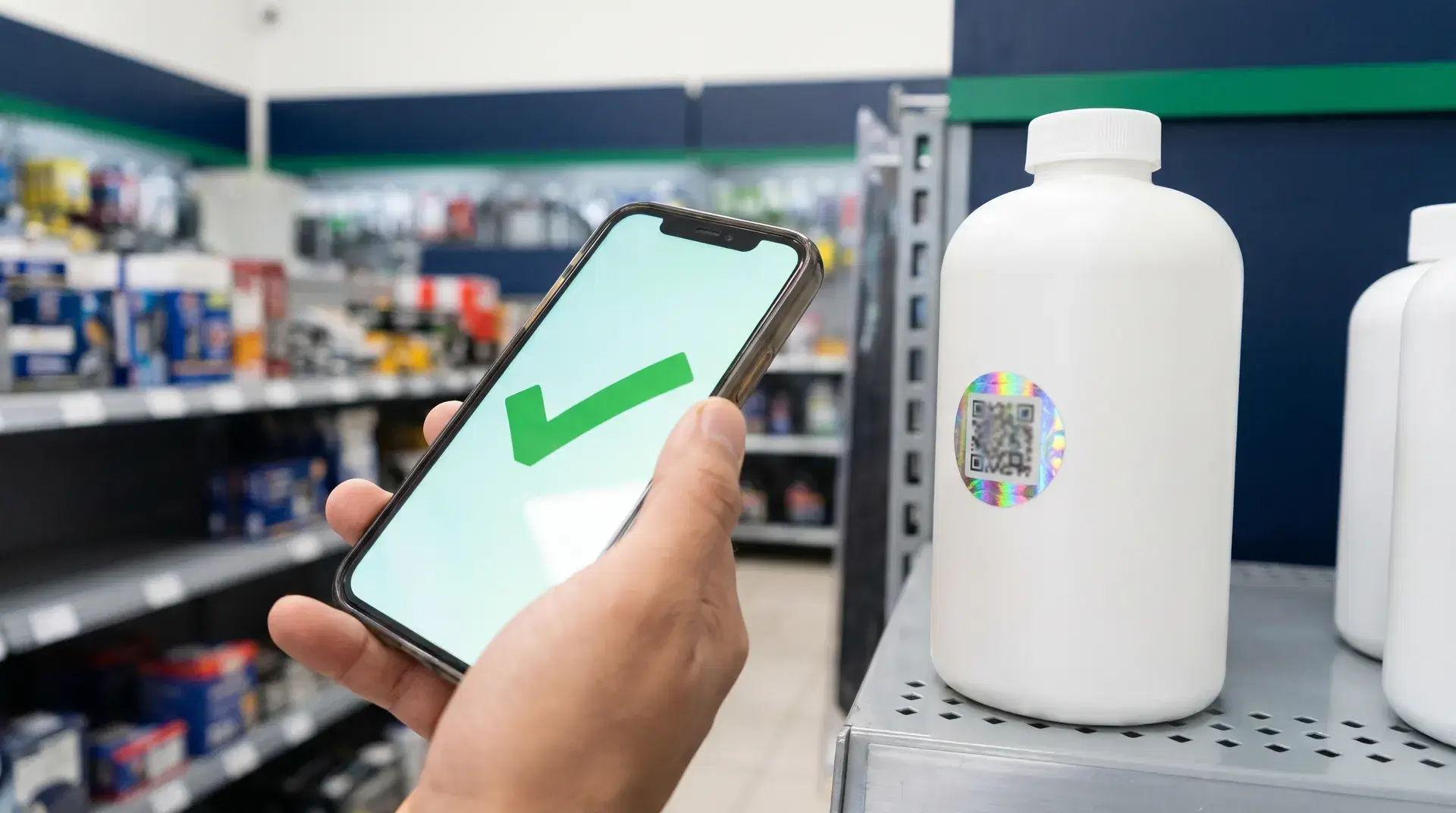 Persona verificando con su celular la etiqueta holográfica de un producto
